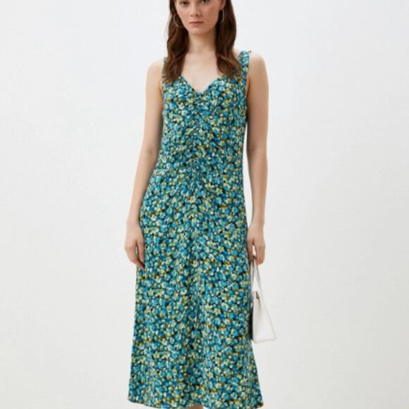 Esprit Midi Dress Abstract Floral Print Ruched front, Front Slit Size 6 NWT - Picture 4 of 15
